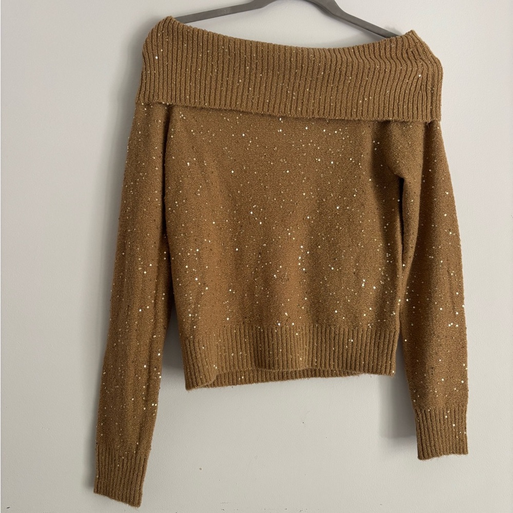 Brown Sparkley Off-Shoulder Sweater